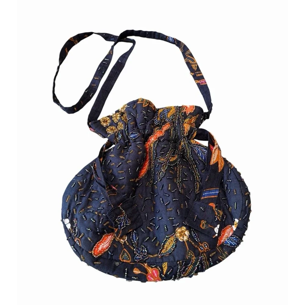 Vtg RAJA COLLECTION Bali Handmade Beaded Drawstring Bag Multi Black Crossbody